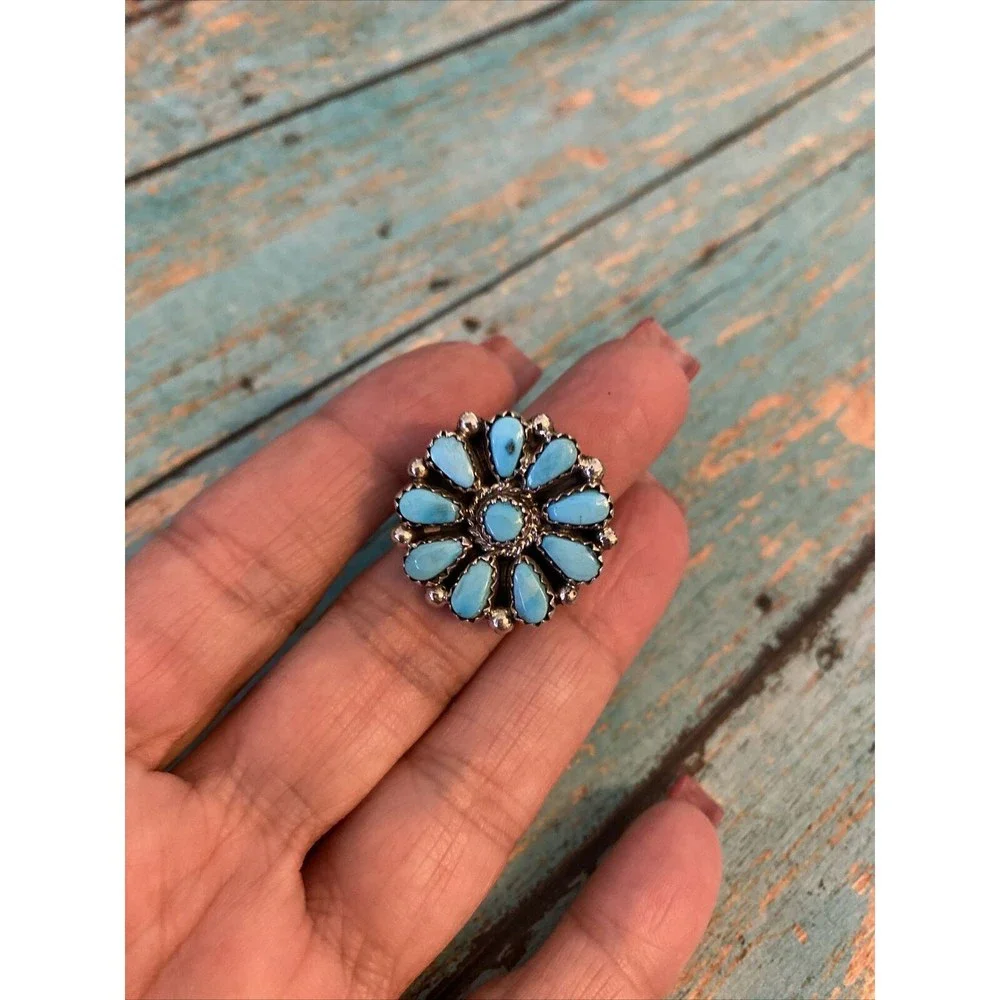 Navajo Sterling Silver Turquoise Cluster Ring - Picture 4 of 8